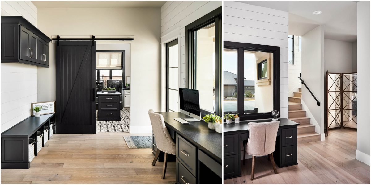 Modern workspaces with custom cabinetry, large windows, and clean farmhouse detailing
