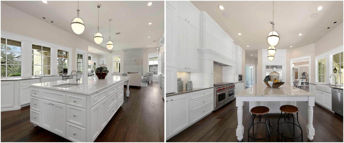 French Country kitchen with marble island, custom cabinetry, pendant lighting, and wide plank wood flooring