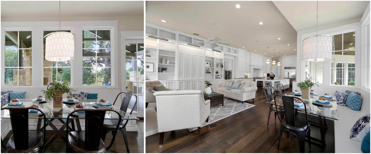 French Country interior featuring cozy dining nook, wood flooring, and seamless flow into the living room and kitchen