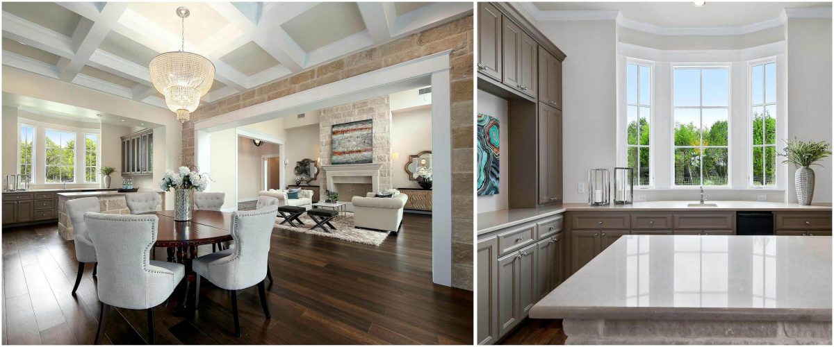 Elegant dining area with wood flooring and statement chandelier beside butler’s pantry with large windows