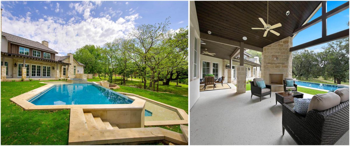 Elegant outdoor living area with pool, covered seating, and stone accents in a French Country San Antonio home