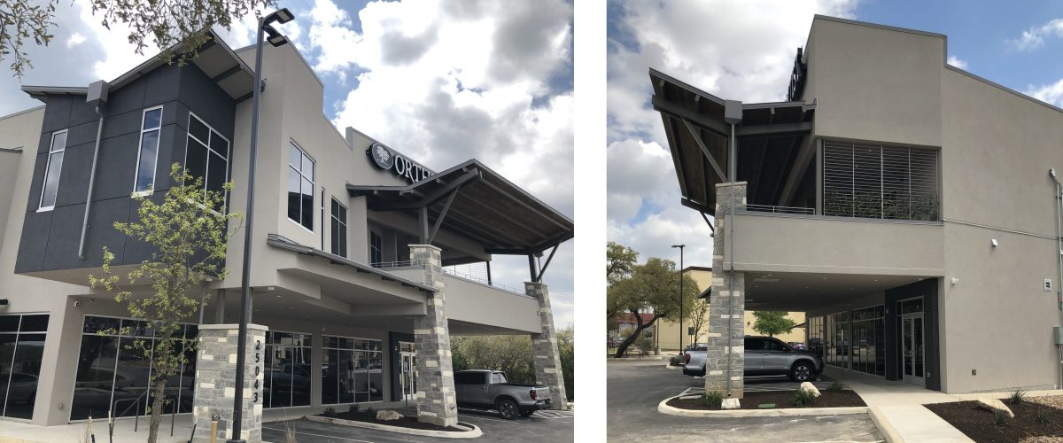 NORRIS SHELL -2 Side angles of Norris MOB showing modern façade with extended rooflines, stone pillars, and ample tenant space on the first floor.