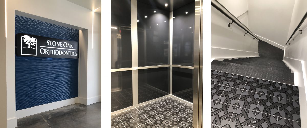 NORRIS SHELL -3 Interior details of Norris MOB including Stone Oak Orthodontics wall signage, modern elevator with patterned flooring, and stairwell with geometric tile design.