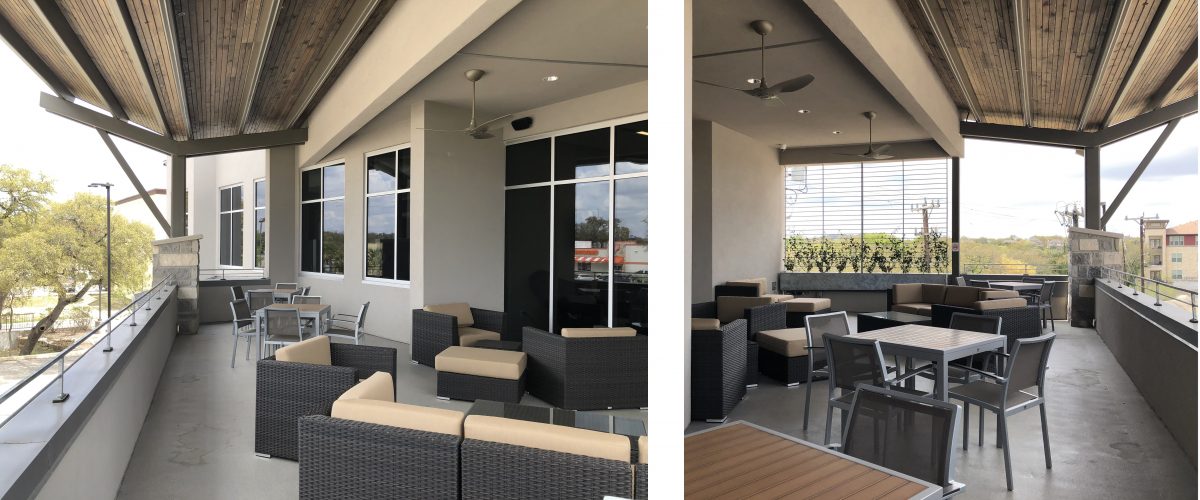 NORRIS SHELL -4 Covered outdoor seating area at Norris MOB with wicker lounge furniture, ceiling fans, and views overlooking Dominion View.