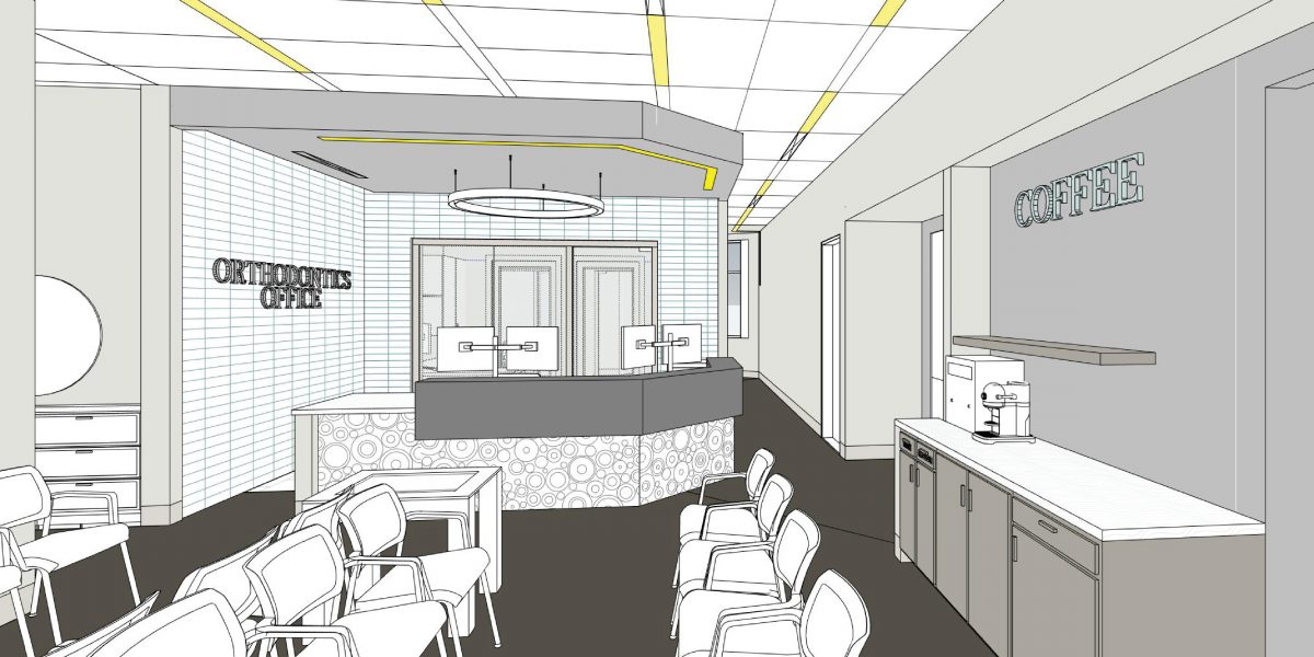 Architectural rendering of orthodontics office reception and waiting area with coffee bar