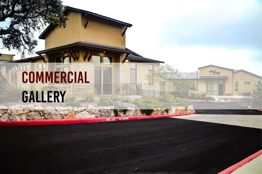 Commercial building designed by MSA Architecture + Interiors, featuring stone columns, timber detailing, large windows, and a metal roof, shown with a “Commercial Gallery” text overlay.